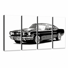 Ručne maľovaný POP Art obraz Ford Mustang – 3D vizualizácia ručne maľovaného plátna na bielom pozadí. Dominantné farby: čierna, sivá, biela.
