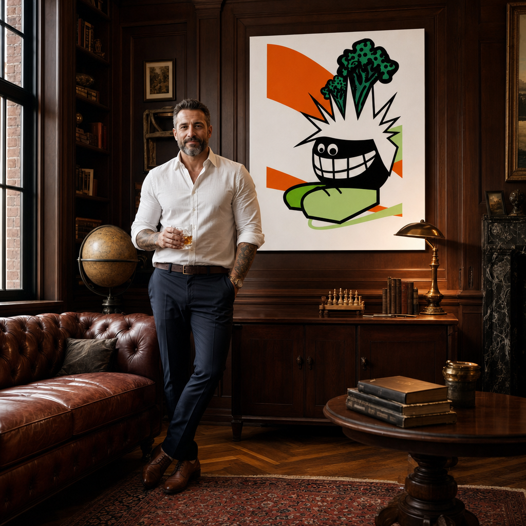 Ručne maľovaný POP Art obraz Funny – obraz v modernom mužskom interiéri, lifestyle vizualizácia. Dominantné farby: oranžová, čierna, zelená.
