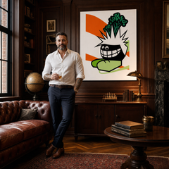 Ručne maľovaný POP Art obraz Funny – obraz v modernom mužskom interiéri, lifestyle vizualizácia. Dominantné farby: oranžová, čierna, zelená.