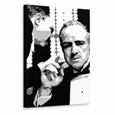 Ručne maľovaný POP Art obraz GODFATHER – 3D vizualizácia ručne maľovaného plátna na bielom pozadí. Dominantné farby: čierna, biela, sivá.