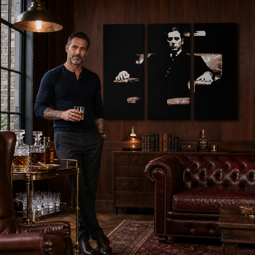 Ručne maľovaný POP Art obraz GODFATHER – obraz v modernom mužskom interiéri, lifestyle vizualizácia. Dominantné farby: čierna, hnedá, béžová.