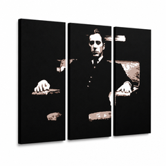 Ručne maľovaný POP Art obraz GODFATHER – 3D vizualizácia ručne maľovaného plátna na bielom pozadí. Dominantné farby: čierna, hnedá, béžová.