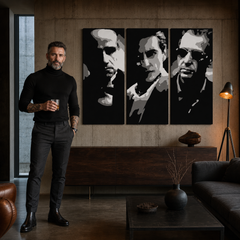 Ručne maľovaný POP Art obraz GODFATHER – obraz v modernom mužskom interiéri, lifestyle vizualizácia. Dominantné farby: čierna, biela, sivá.