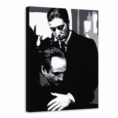 Ručne maľovaný POP Art obraz GODFATHER – 3D vizualizácia ručne maľovaného plátna na bielom pozadí. Dominantné farby: čierna, biela, sivá.