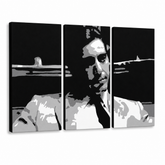 Ručne maľovaný POP Art obraz GODFATHER – 3D vizualizácia ručne maľovaného plátna na bielom pozadí. Dominantné farby: čierna, biela, sivá.