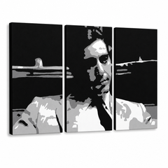 Ručne maľovaný POP Art obraz GODFATHER – 3D vizualizácia ručne maľovaného plátna na bielom pozadí. Dominantné farby: čierna, biela, sivá.