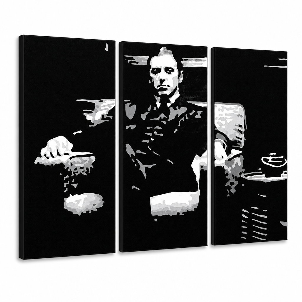 Ručne maľovaný POP Art obraz GODFATHER – 3D vizualizácia ručne maľovaného plátna na bielom pozadí. Dominantné farby: čierna, biela, sivá.