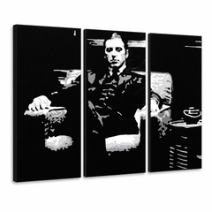Ručne maľovaný POP Art obraz GODFATHER – 3D vizualizácia ručne maľovaného plátna na bielom pozadí. Dominantné farby: čierna, biela, sivá.