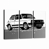 Ručne maľovaný Pop Art obraz Volkswagen Golf Mk1 | triptych – 3D vizualizácia ručne maľovaného plátna na bielom pozadí. Dominantné farby: biela, čierna, sivá.