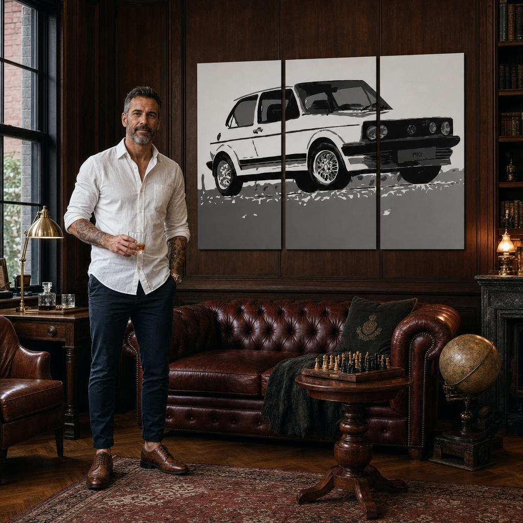 Ručne maľovaný Pop Art obraz Volkswagen Golf Mk1 | triptych – obraz v modernom mužskom interiéri, lifestyle vizualizácia. Dominantné farby: biela, čierna, sivá.