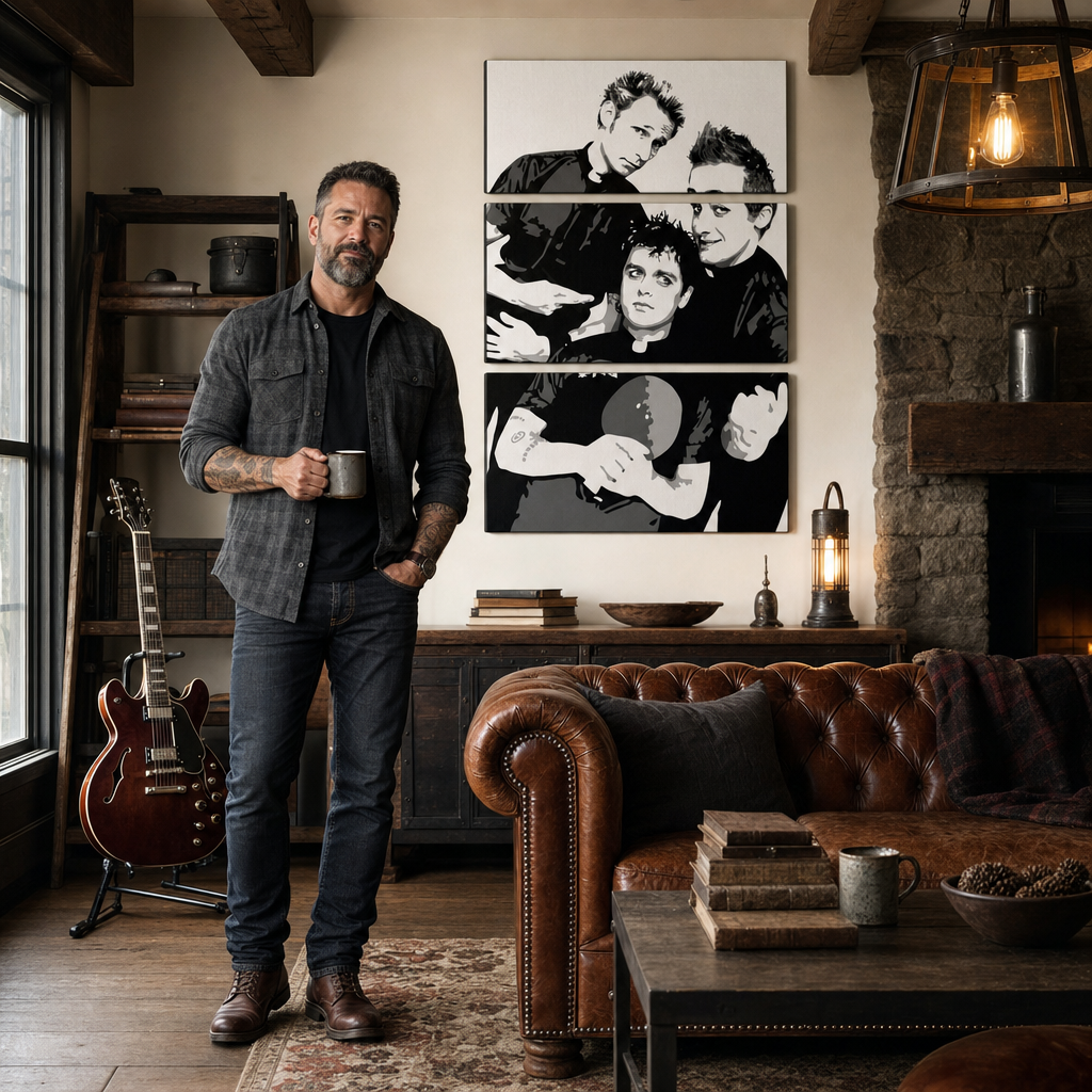 Ručne ma��ovaný POP Art obraz Green Day – obraz v modernom mužskom interiéri, lifestyle vizualizácia. Dominantné farby: čierna, biela, šedá.