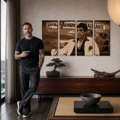 Ručne maľovaný POP Art obraz HAVANA - AL PACINO – obraz v modernom mužskom interiéri, lifestyle vizualizácia. Dominantné farby: hnedá, béžová, čierna.
