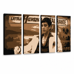 Ručne maľovaný POP Art obraz HAVANA - AL PACINO – 3D vizualizácia ručne maľovaného plátna na bielom pozadí. Dominantné farby: hnedá, béžová, čierna.