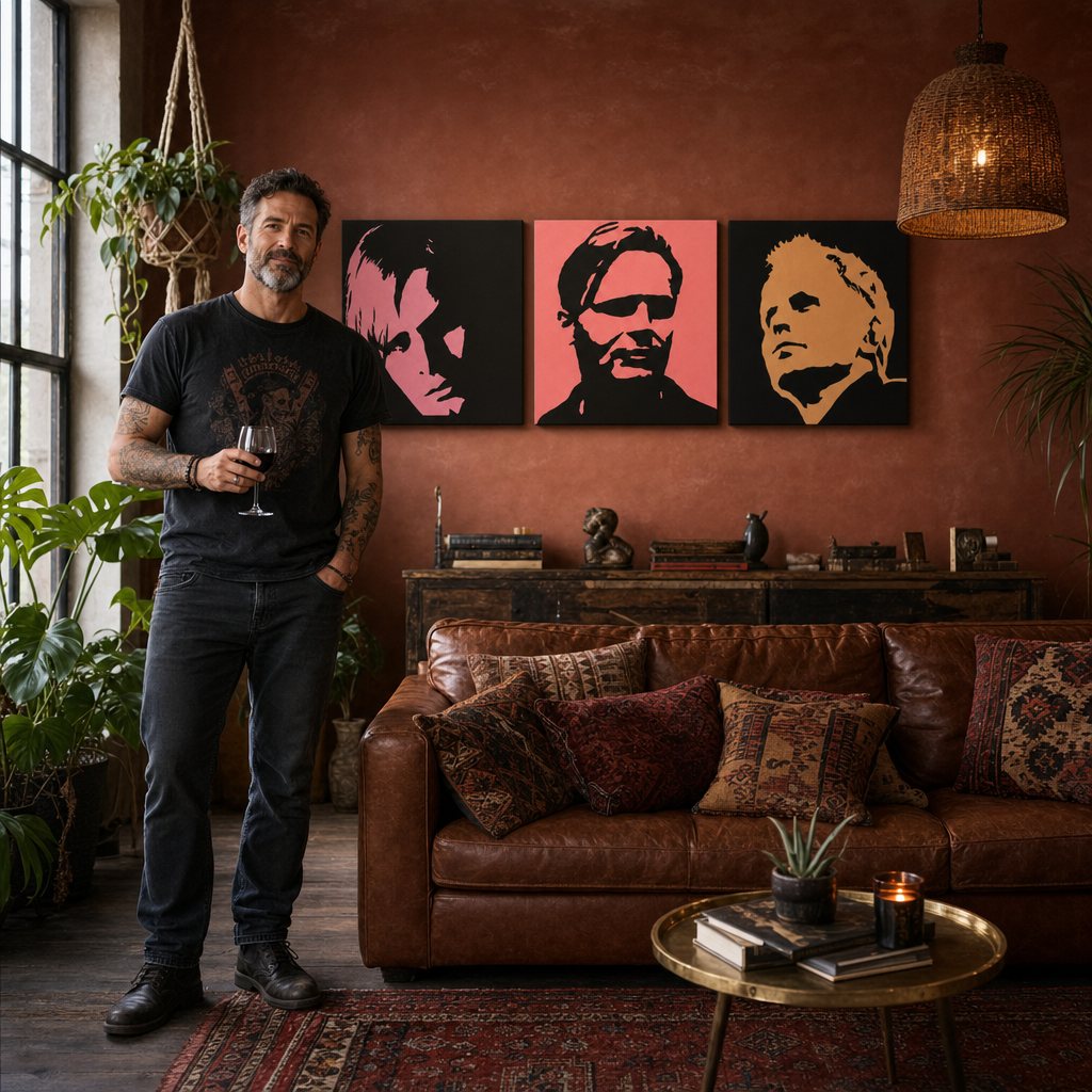 Ručne maľovaný POP Art obraz Herbert Grônemeyer – obraz v modernom mužskom interiéri, lifestyle vizualizácia. Dominantné farby: čierna, ružová, oranžová.