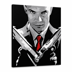 Ručne maľovaný POP Art obraz HITMAN – 3D vizualizácia ručne maľovaného plátna na bielom pozadí. Dominantné farby: čierna, biela, červená, sivá, hnedá.