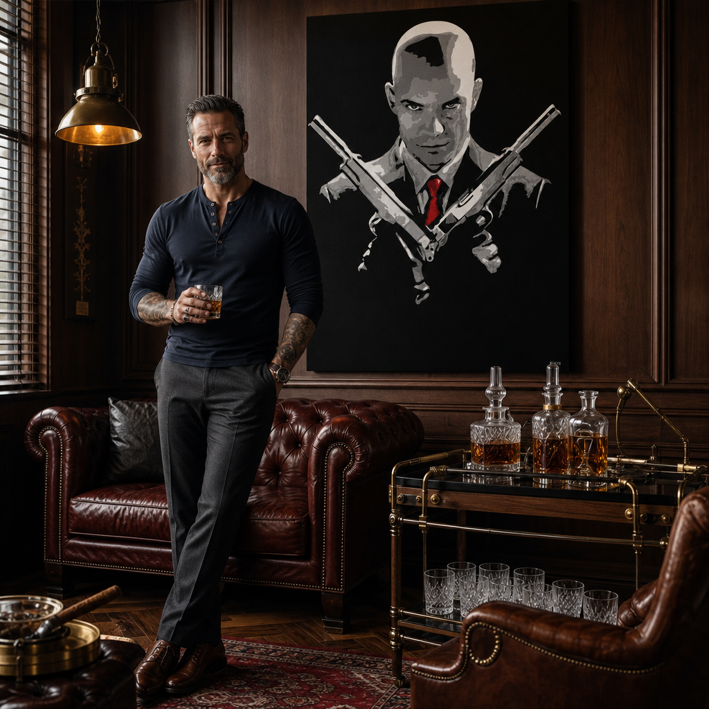 Ručne maľovaný POP Art obraz HITMAN – obraz v modernom mužskom interiéri, lifestyle vizualizácia. Dominantné farby: čierna, červená, sivá.