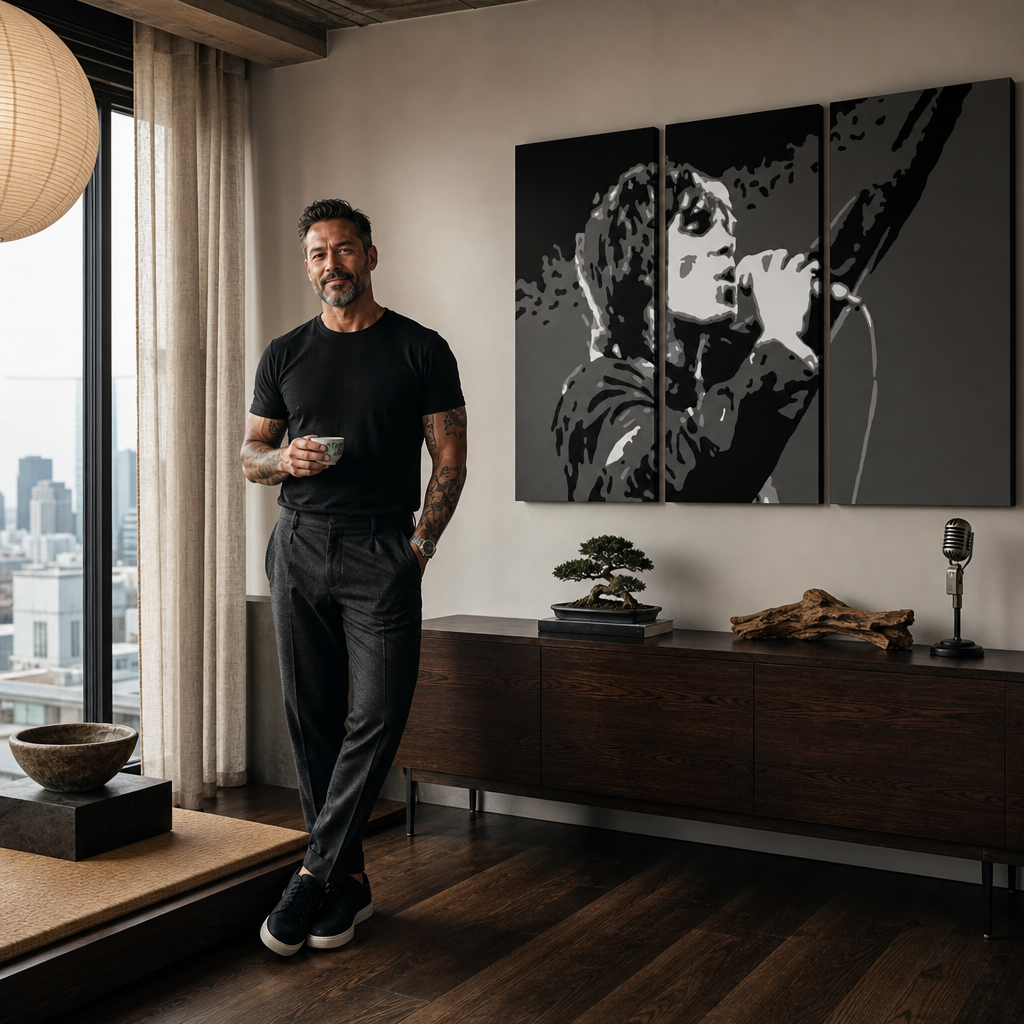 Ručne maľovaný POP Art obraz Ian Brown – obraz v modernom mužskom interiéri, lifestyle vizualizácia. Dominantné farby: čierna, biela, sivá.
