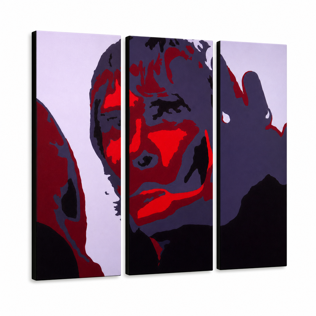 Ručne maľovaný POP Art obraz Ian Brown – 3D vizualizácia ručne maľovaného plátna na bielom pozadí. Dominantné farby: čierna, červená, sivá.