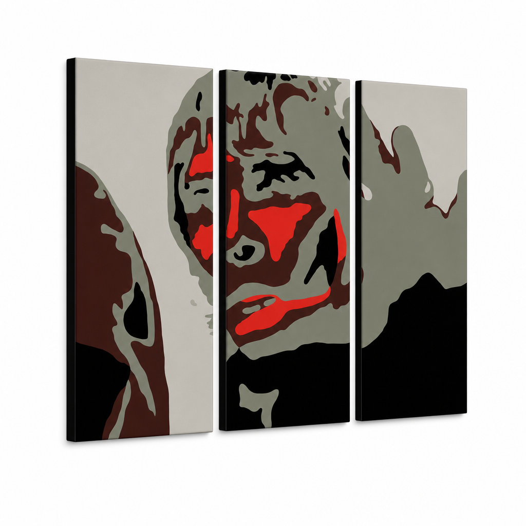 Ručne maľovaný POP Art obraz Ian Brown – 3D vizualizácia ručne maľovaného plátna na bielom pozadí. Dominantné farby: čierna, červená, sivá, hnedá, biela.