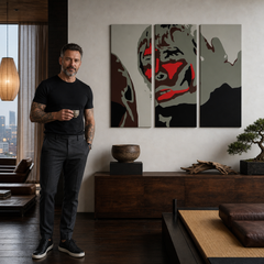 Ručne maľovaný POP Art obraz Ian Brown – obraz v modernom mužskom interiéri, lifestyle vizualizácia. Dominantné farby: čierna, červená, sivá, hnedá, biela.