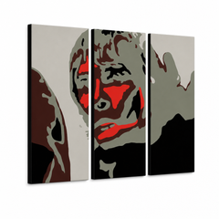 Ručne maľovaný POP Art obraz Ian Brown – 3D vizualizácia ručne maľovaného plátna na bielom pozadí. Dominantné farby: čierna, červená, sivá, hnedá, biela.