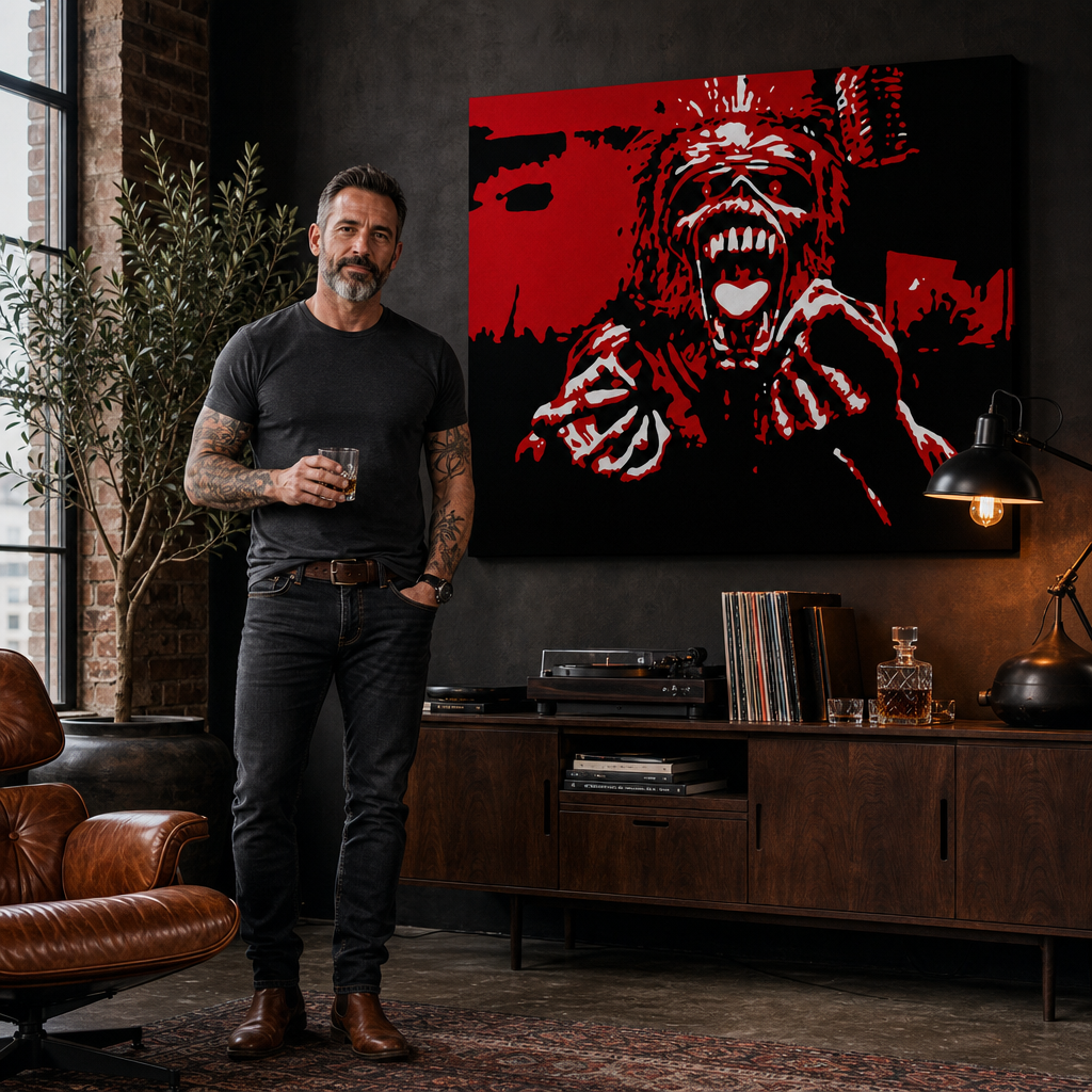 Ručne maľovaný POP Art obraz Iron Maiden – obraz v modernom mužskom interiéri, lifestyle vizualizácia. Dominantné farby: červená, čierna, biela.