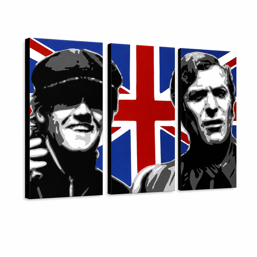 Ručne maľovaný POP Art obraz Italian Job – 3D vizualizácia ručne maľovaného plátna na bielom pozadí. Dominantné farby: čierna, biela, modrá, červená, hnedá.