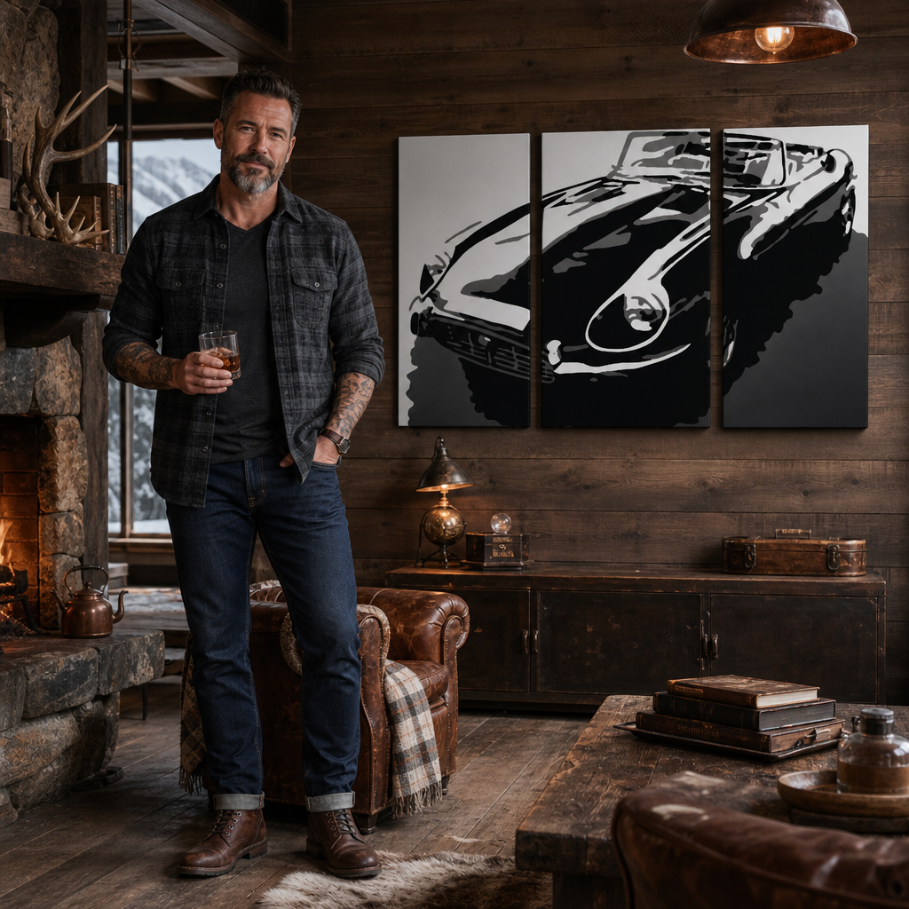 Ručne maľovaný POP Art obraz JAGUAR – obraz v modernom mužskom interiéri, lifestyle vizualizácia. Dominantné farby: čierna, biela, sivá.