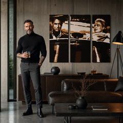 Ručne maľovaný POP Art obraz James Bond – obraz v modernom mužskom interiéri, lifestyle vizualizácia. Dominantné farby: čierna, hnedá, biela.