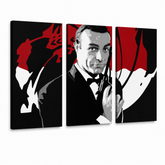 Ručne maľovaný POP Art obraz James Bond – 3D vizualizácia ručne maľovaného plátna na bielom pozadí. Dominantné farby: čierna, červená, biela.