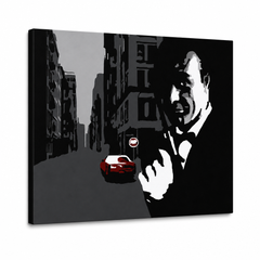 Ručne maľovaný POP Art obraz James Bond – 3D vizualizácia ručne maľovaného plátna na bielom pozadí. Dominantné farby: čierna, sivá, červená.