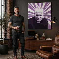 Ručne maľovaný POP Art obraz JÁN PAVOL II. – obraz v modernom mužskom interiéri, lifestyle vizualizácia. Dominantné farby: fialová, čierna, biela.