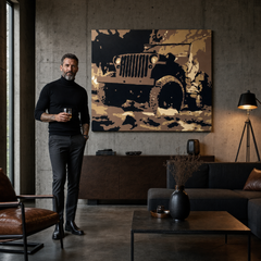 Ručne maľovaný POP Art obraz JEEP – obraz v modernom mužskom interiéri, lifestyle vizualizácia. Dominantné farby: hnedá, čierna, béžová, zlatá.