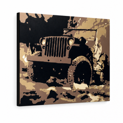 Ručne maľovaný POP Art obraz JEEP – 3D vizualizácia ručne maľovaného plátna na bielom pozadí. Dominantné farby: hnedá, čierna, béžová, zlatá.