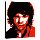 Ručne maľovaný POP Art obraz Jim Morrison – 3D vizualizácia ručne maľovaného plátna na bielom pozadí. Dominantné farby: čierna, červená, biela.