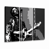 Ručne maľovaný POP Art obraz Jimmy Hendrix – 3D vizualizácia ručne maľovaného plátna na bielom pozadí. Dominantné farby: čierna, biela, sivá.