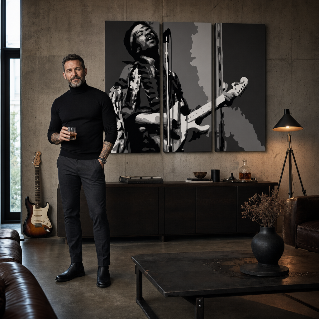 Ručne maľovaný POP Art obraz Jimmy Hendrix – obraz v modernom mužskom interiéri, lifestyle vizualizácia. Dominantné farby: čierna, biela, sivá.