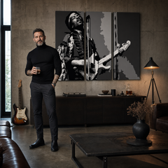 Ručne maľovaný POP Art obraz Jimmy Hendrix – obraz v modernom mužskom interiéri, lifestyle vizualizácia. Dominantné farby: čierna, biela, sivá.