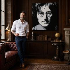 Ručne maľovaný POP Art obraz John Lennon – obraz v modernom mužskom interiéri, lifestyle vizualizácia. Dominantné farby: čierna, biela, sivá.
