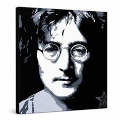 Ručne maľovaný POP Art obraz John Lennon – 3D vizualizácia ručne maľovaného plátna na bielom pozadí. Dominantné farby: čierna, biela, sivá.