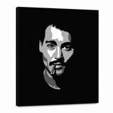 Ručne maľovaný POP Art obraz Johnny Depp – 3D vizualizácia ručne maľovaného plátna na bielom pozadí. Dominantné farby: čierna, biela, šedá.