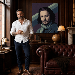Ručne maľovaný POP Art obraz Johnny Depp – obraz v modernom mužskom interiéri, lifestyle vizualizácia. Dominantné farby: fialová, modrá, čierna, béžová, zelená.