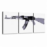 Ručne maľovaný POP Art obraz Kalashnikov – 3D vizualizácia ručne maľovaného plátna na bielom pozadí. Dominantné farby: čierna, sivá, biela.