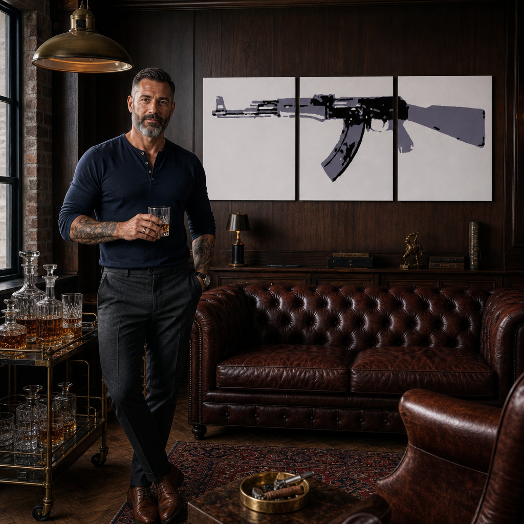 Ručne maľovaný POP Art obraz Kalashnikov – obraz v modernom mužskom interiéri, lifestyle vizualizácia. Dominantné farby: čierna, sivá, biela.