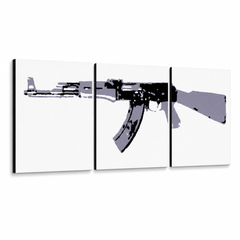 Ručne maľovaný POP Art obraz Kalashnikov – 3D vizualizácia ručne maľovaného plátna na bielom pozadí. Dominantné farby: čierna, sivá, biela.