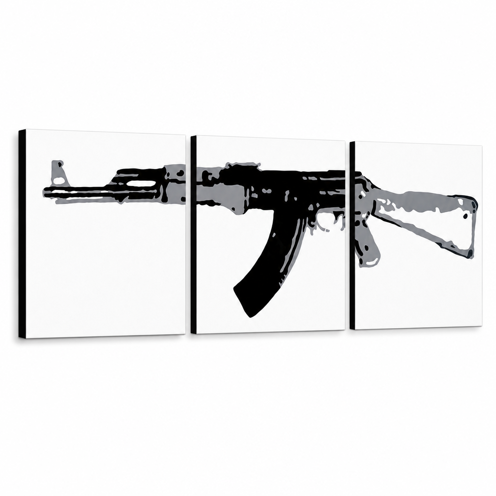 Ručne maľovaný POP Art obraz Kalashnikov – 3D vizualizácia ručne maľovaného plátna na bielom pozadí. Dominantné farby: čierna, sivá, biela.
