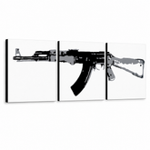 Ručne maľovaný POP Art obraz Kalashnikov – 3D vizualizácia ručne maľovaného plátna na bielom pozadí. Dominantné farby: čierna, sivá, biela.