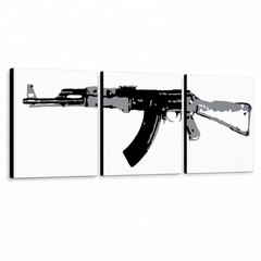 Ručne maľovaný POP Art obraz Kalashnikov – 3D vizualizácia ručne maľovaného plátna na bielom pozadí. Dominantné farby: čierna, sivá, biela.