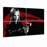 Ručne maľovaný POP Art obraz Kill Bill – 3D vizualizácia ručne maľovaného plátna na bielom pozadí. Dominantné farby: čierna, červená, biela.