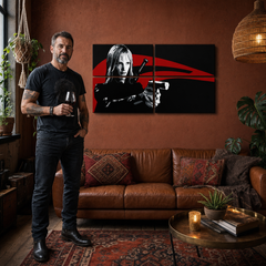 Ručne maľovaný POP Art obraz Kill Bill – obraz v modernom mužskom interiéri, lifestyle vizualizácia. Dominantné farby: čierna, červená, biela.